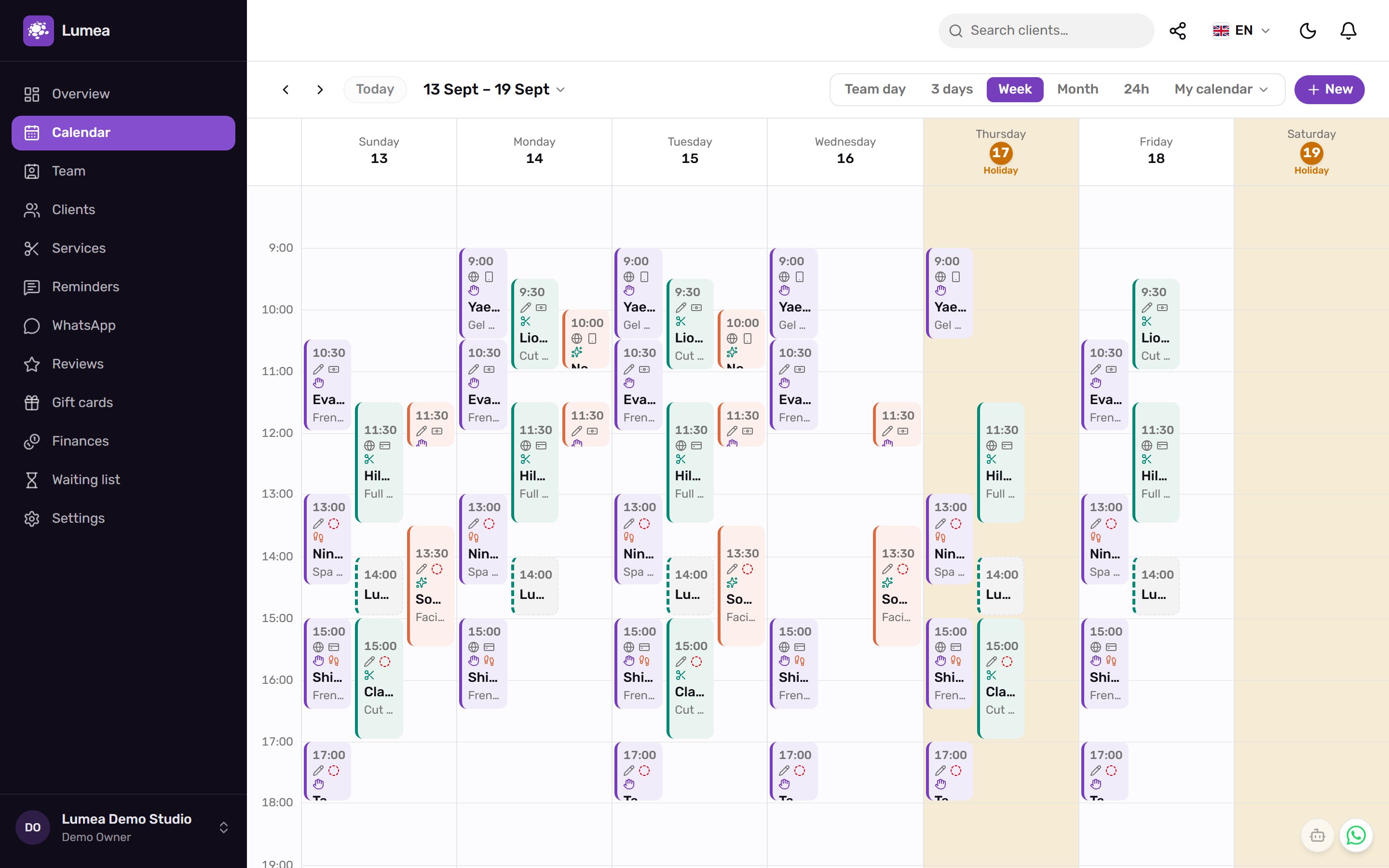 The Lumea team calendar, a day of colour-coded appointments across three specialists